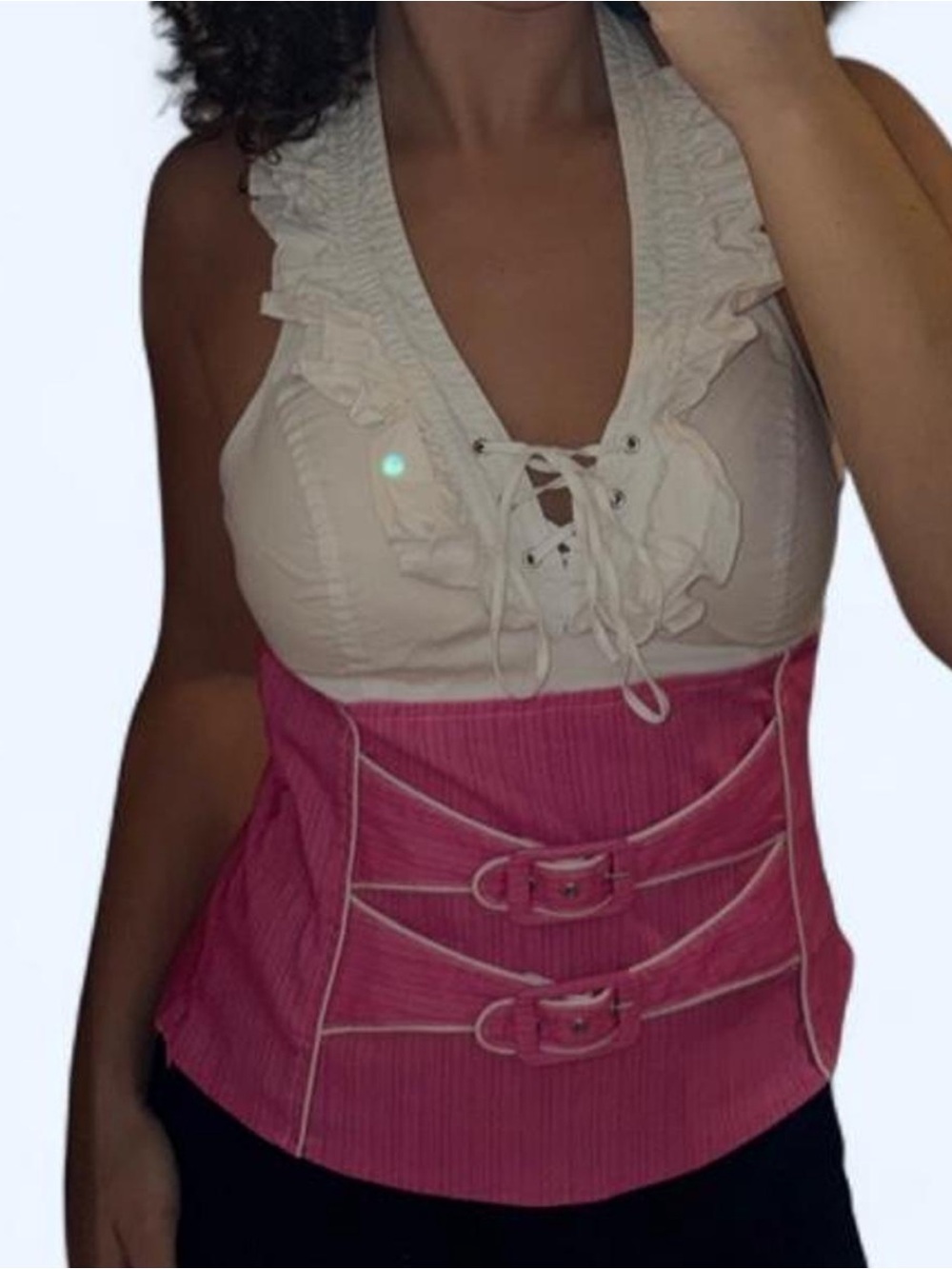 Pink Corset Waist Belt Top with White Ruffle Halter